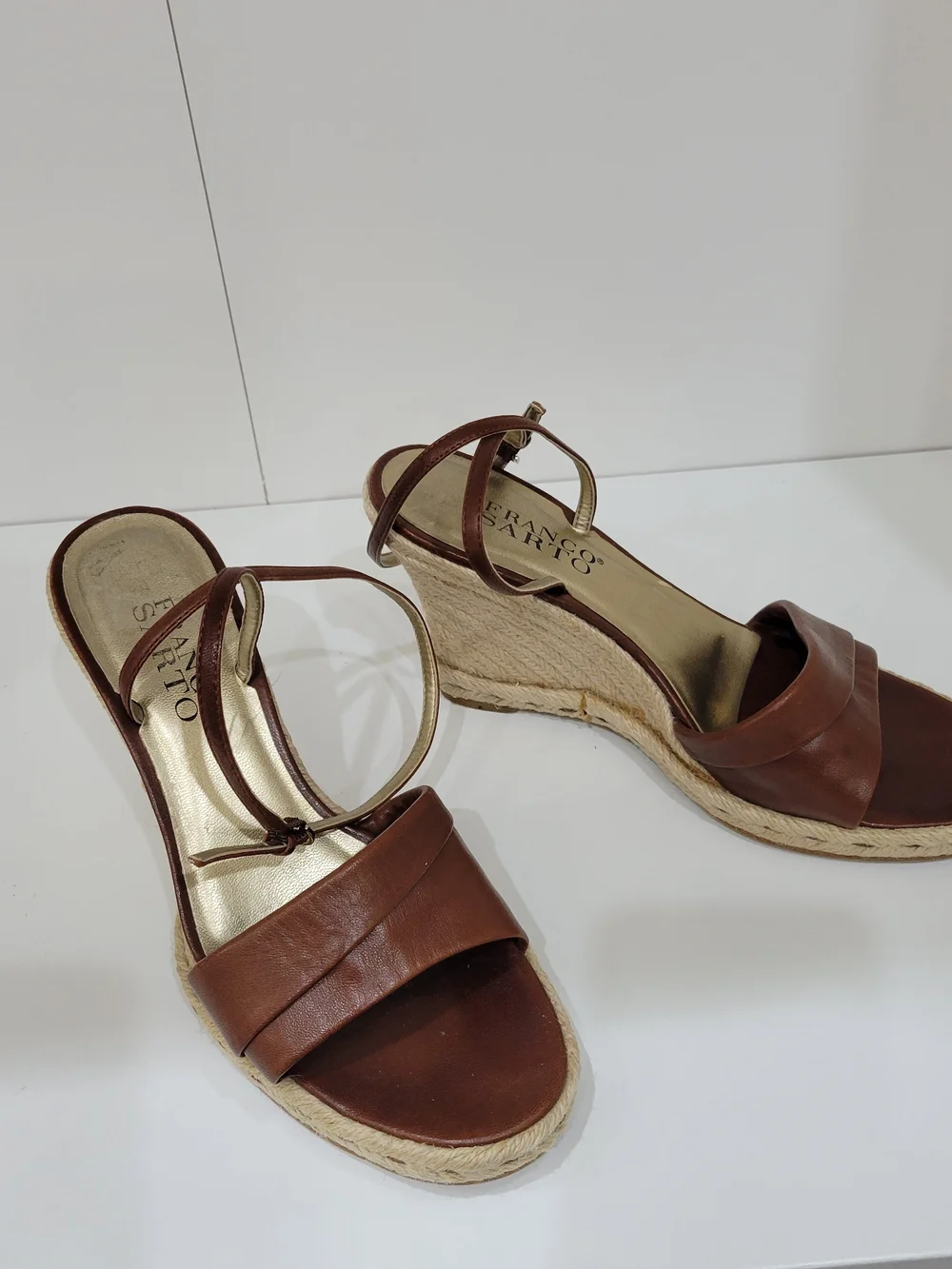 Franco Sarto Brown Leather Espadrille Wedge Sandals
